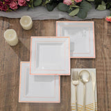 10 Pack - 7inch Rose Gold Trim White Square Plastic Salad Dessert Plates