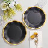 25 Pack | 8inch Matte Black / Gold Wavy Rim Disposable Salad Plates, Appetizer Dessert Party Plates