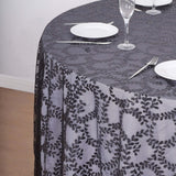 120inch Black Sequin Leaf Embroidered Seamless Tulle Round Tablecloth