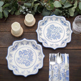 25-Pack Paper Dessert Plates in White with Light Blue Damask Floral Print & Scallop Rim