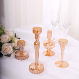 Set of 4 Assorted Gold Glass Taper Votive Candle Stands, Lined Crystal Glass Tea Light