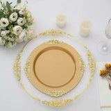 10 Pack | 10inch Gold Leaf Embossed Baroque Plastic Dinner Plates, Vintage Round Dinner Plates