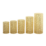 Set of 5 Gold Sequin Mesh Cylinder Pedestal Pillar Prop Covers with Leaf Vine Embroidery