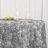 120inch Silver Grandiose 3D Rosette Satin Round Tablecloth