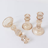 Set of 3 Amber Gold Ribbed Glass Taper Candlestick Holders, Fluted Crystal Candle Stands