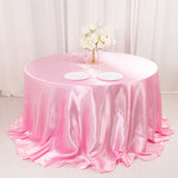 132inch Pink Seamless Satin Round Tablecloth for 6 Foot Table With Floor-Length Drop