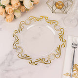 10 Pack Clear Gold European Style Disposable Dinner Plates Vintage Baroque With Scalloped Rim