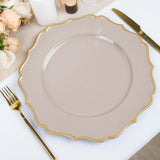 6 Pack | 13inch Taupe / Gold Scalloped Rim Acrylic Charger Plates, Round Plastic Charger Plates