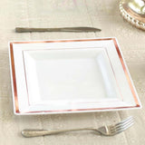 10 Pack - 10inch Rose Gold Trim White Square Plastic Disposable Dinner Plates