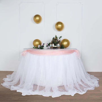 Extra Long Tulle 14ft Table Skirt White with Satin Edge - Table Cover for Baby Showers & Events