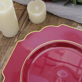 11inch Burgundy Heavy Duty Disposable Baroque Dinner Plates with Gold Rim, Hard Plastic Dinnerware