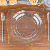 10 Pack | 8inch Clear / Gold Wavy Rim Modern Square Plastic Dessert Salad Appetizer Party Plates
