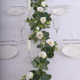  Artificial Eucalyptus Leaf Hanging Vines With 7 White Rose Flower Heads, Floral Greenery Table