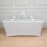 6ft Silver Metallic Shimmer Tinsel Spandex Table Cover, Rectangular Fitted Tablecloth