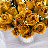 12 Bushes | Gold Artificial Premium Silk Flower Rose Buds | 84 Rose Buds