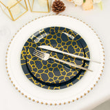 20 Pack Set | 9inch, 7inch Navy Blue Geometric Gold Print Plastic Plates