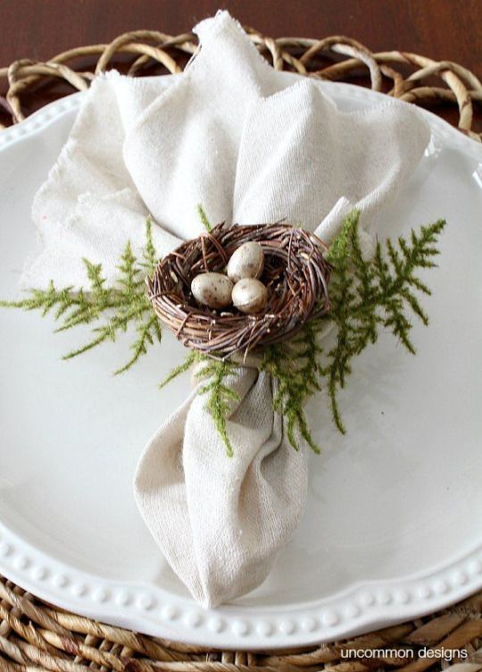Napkin folded with nest and eggs on a white plate
