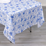 60"x102" White Blue Satin Rectangular Tablecloth in French Toile Floral Pattern, Wrinkle Resistant