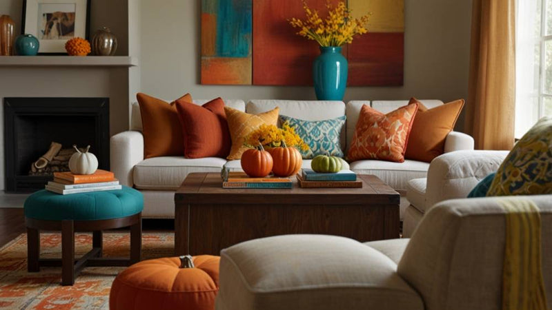 fall living room decor- blue and green colors