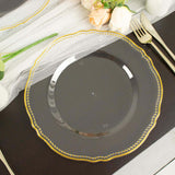 10 Pack | 10inch Clear / Gold Scalloped Rim Disposable Dinner Plates, Large Plastic Party Plates