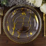 10 Pack | 10Inch Gold and Clear Marble Print Plastic Dinner Party Plates, Disposable Plates