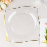 10 Pack | 10inch Clear / Gold Wavy Rim Modern Square Plastic Dinner Plates, Disposable Party Plates