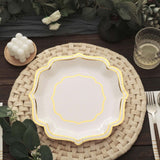 25 Pack | White/Gold 10inch Scallop Rim Dinner Party Paper Plates, Disposable Plates