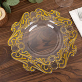 10 Pack Clear Gold European Style Disposable Dinner Plates Vintage Baroque With Scalloped Rim