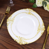 10 Pack | 8inch White Gold Leaf Embossed Baroque Plastic Salad Dessert Plates