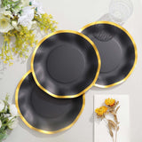 25 Pack | 8inch Matte Black / Gold Wavy Rim Disposable Salad Plates, Appetizer Dessert Party Plates