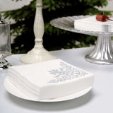 20 Pack White Linen-Feel Beverage Napkins with Silver Fleur Vintage Print