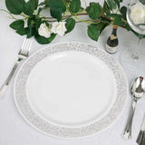 10 Pack | 10inch Elegant Silver Lace Rim White Disposable Dinner Plates, Fancy Plastic Party Plates