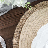 15inch Round Natural Rustic Burlap Jute Placemats Fringed Edges, Farmhouse Placemats with Trim