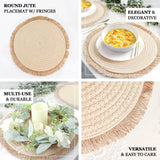 15inch Round Natural Rustic Burlap Jute Placemats Fringed Edges, Farmhouse Placemats with Trim