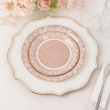 25 Pack Natural Burlap Print 9inch Round Disposable Party Plates With White Floral Lace Rim