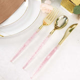 24 Pack | 8inch Metallic Gold With Blush Rose Gold Glitter Silverware Set, Modern Plastic Utensil