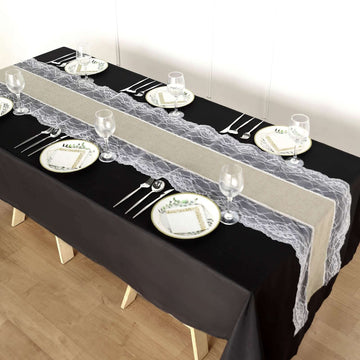 Faux Burlap Jute 16"x108" Table Runner Taupe With White Lace Edging - Rustic Farmhouse Table Linen