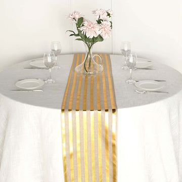 Faux Jute Burlap 12"x108" Table Runner Taupe with Gold Stripes - Rustic Farmhouse Table Linen