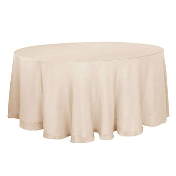 Faux Linen 120" Round Tablecloth Beige - Slubby Texture Wrinkle-Resistant Seamless Table Cover