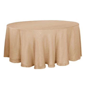 Faux Linen 120" Round Tablecloth Natural - Slubby Texture Wrinkle-Resistant Seamless Table Cover