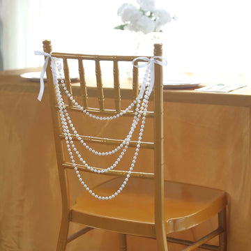 Faux Pearl Beaded 16" Chair Back Garland Sash White Gatsby-Inspired Style - Pre-Tied Chic Wedding Decor for Chiavari Chairs