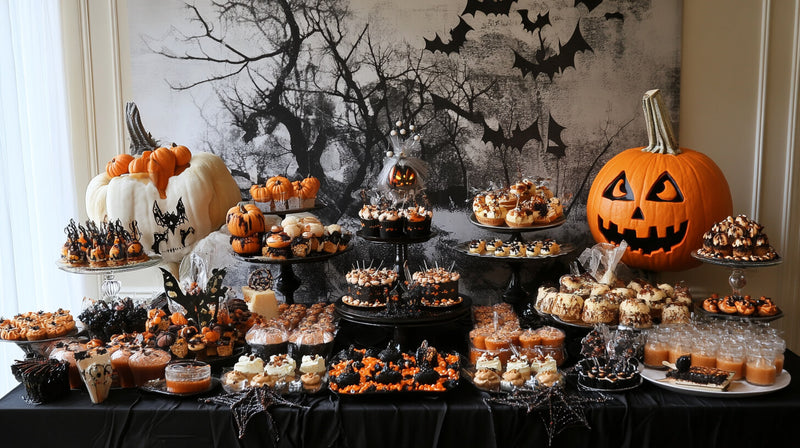 A festive Halloween dessert table with intricate decorations for Halloween.