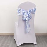 5 Pack White Blue Satin Chair Sashes in French Toile Floral Pattern