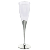 6 Pack | 5oz Clear / Silver Plastic Champagne Flutes, Disposable Glasses With Detachable Base