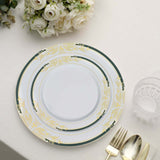 10 Pack | 10inch White With Hunter Emerald Green Rim Plastic Dinner Plates With Gold Vine Design