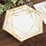 25 Pack | 7inch White / Gold Hexagon Salad Paper Plates, Geometric Disposable Dessert