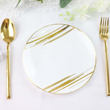 10 Pack | White & Gold Brush Stroked 7inch Round Plastic Dessert Plates