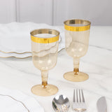 12 Pack Plastic Short Stem Wine Glasses Transparent Gold/Gold Rim - Stylish Disposable Drinkware 6oz