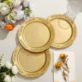 10 Pack | 7.5inch Gold Embossed Round Disposable Salad Plates, Dessert Appetizer Plates