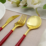 24 Pack | Gold 8inch Modern Flatware Set, Heavy Duty Plastic Silverware With Red Handles